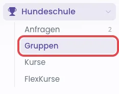 Aufgeklapptes Menü Hundeschule mit Anfragen, Gruppen, Kurse und FlexKurse