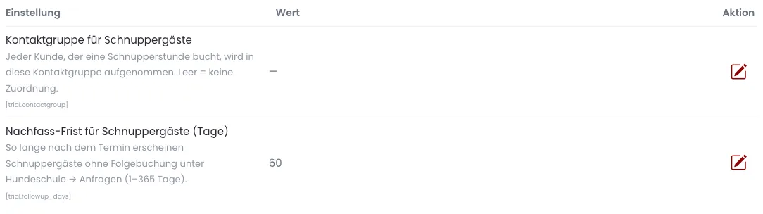 Die beiden Einstellungen zur Schnupperstunde in der Gruppe Gruppen