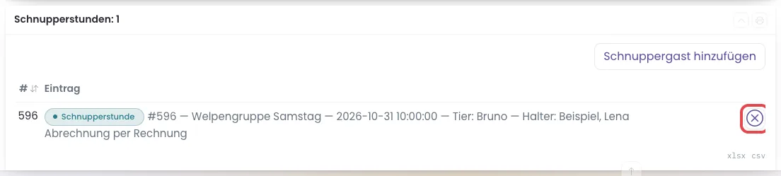 Zeile eines Schnuppergasts mit dem Symbol Austragen