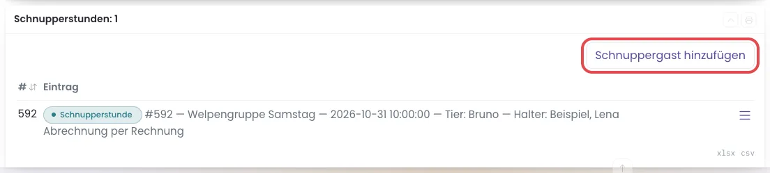 Kasten Schnupperstunden in der Termin-Kartei mit dem Knopf Schnuppergast hinzufügen