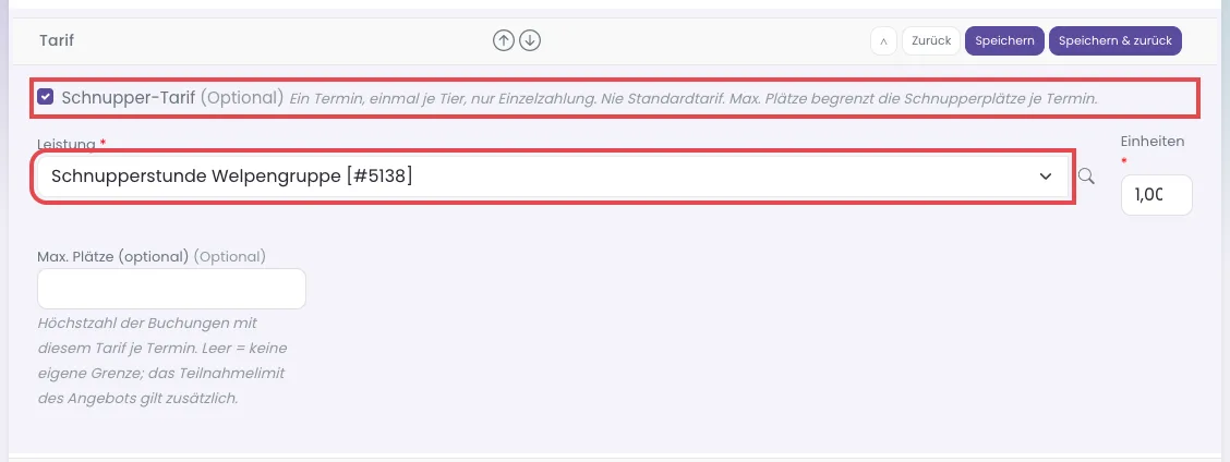 Tarif-Formular mit dem Haken Schnupper-Tarif und der Auswahl Leistung