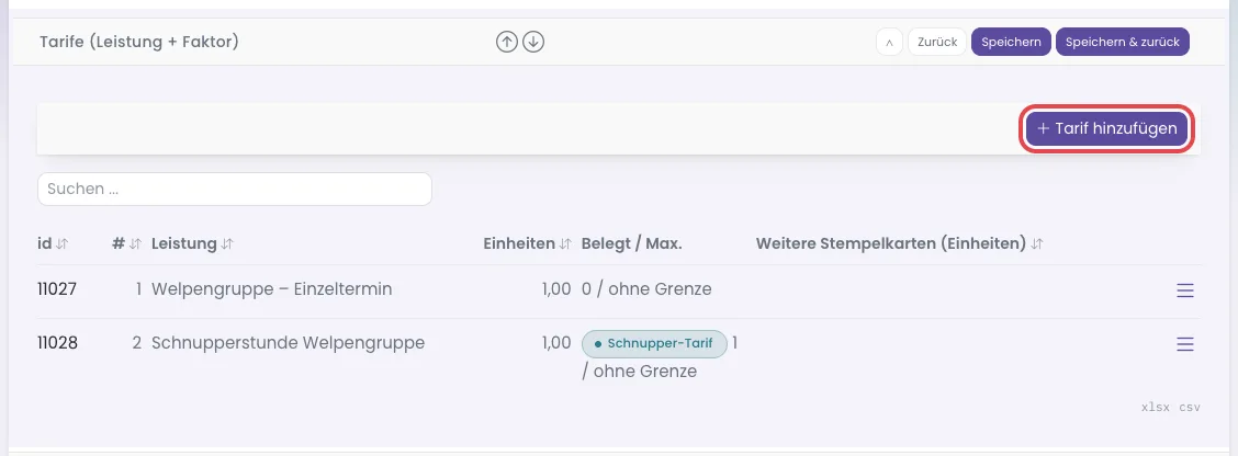 Abschnitt Tarife einer Gruppe mit dem Knopf Tarif hinzufügen