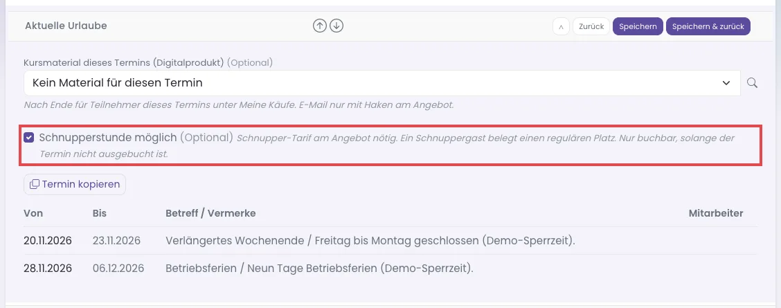 Terminformular mit dem Haken Schnupperstunde möglich