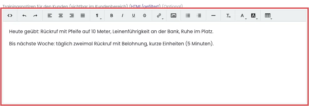 Terminformular mit dem Feld Trainingsnotizen für den Kunden
