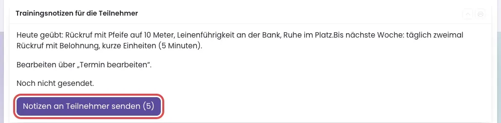 Kasten Trainingsnotizen für die Teilnehmer mit Vorschau und Knopf Notizen an Teilnehmer senden