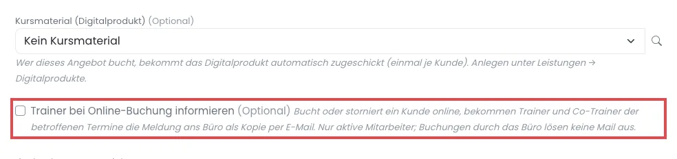 Gruppenformular mit dem Haken Trainer bei Online-Buchung informieren