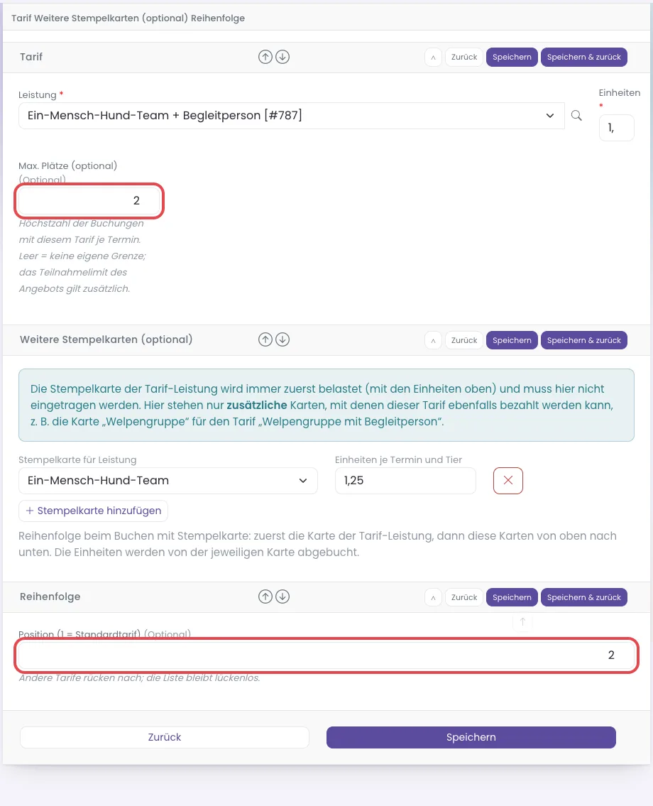 Tarif-Formular mit Max. Plätze, Weitere Stempelkarten und Position