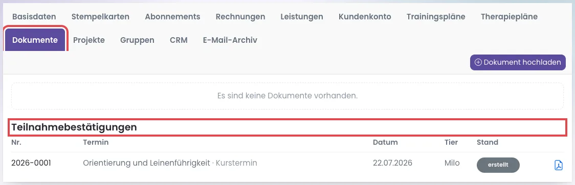 Kontakt-Kartei, Reiter Dokumente mit dem Abschnitt Teilnahmebestätigungen