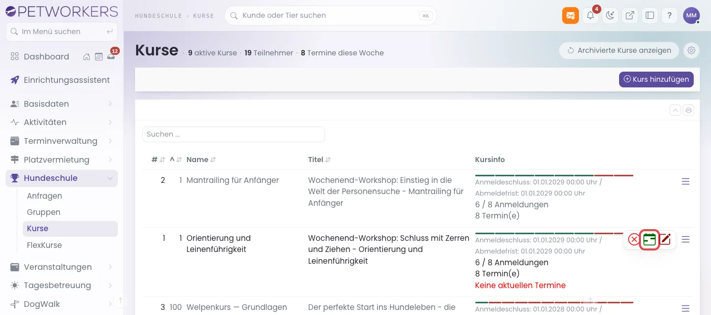 Kursliste mit aufgeklapptem Zeilenmenü, das Symbol Alle Termine ist rot markiert