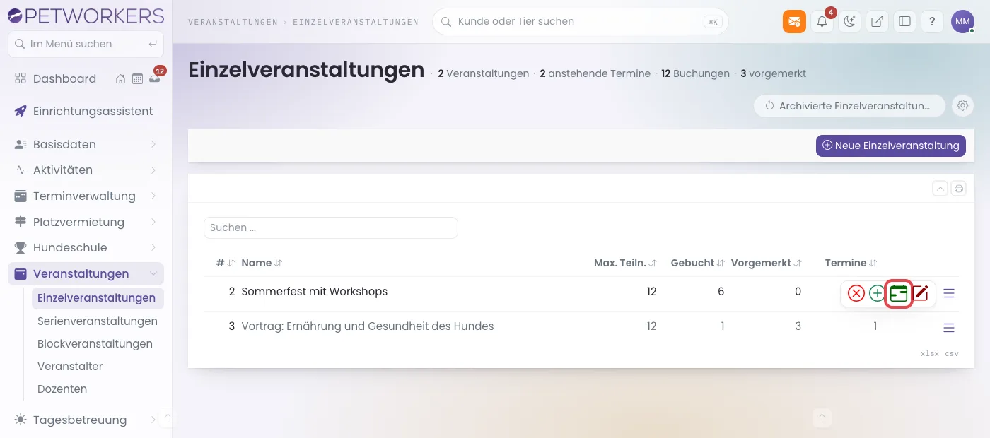 Liste der Einzelveranstaltungen mit aufgeklapptem Zeilenmenü, Symbol Alle Termine rot markiert
