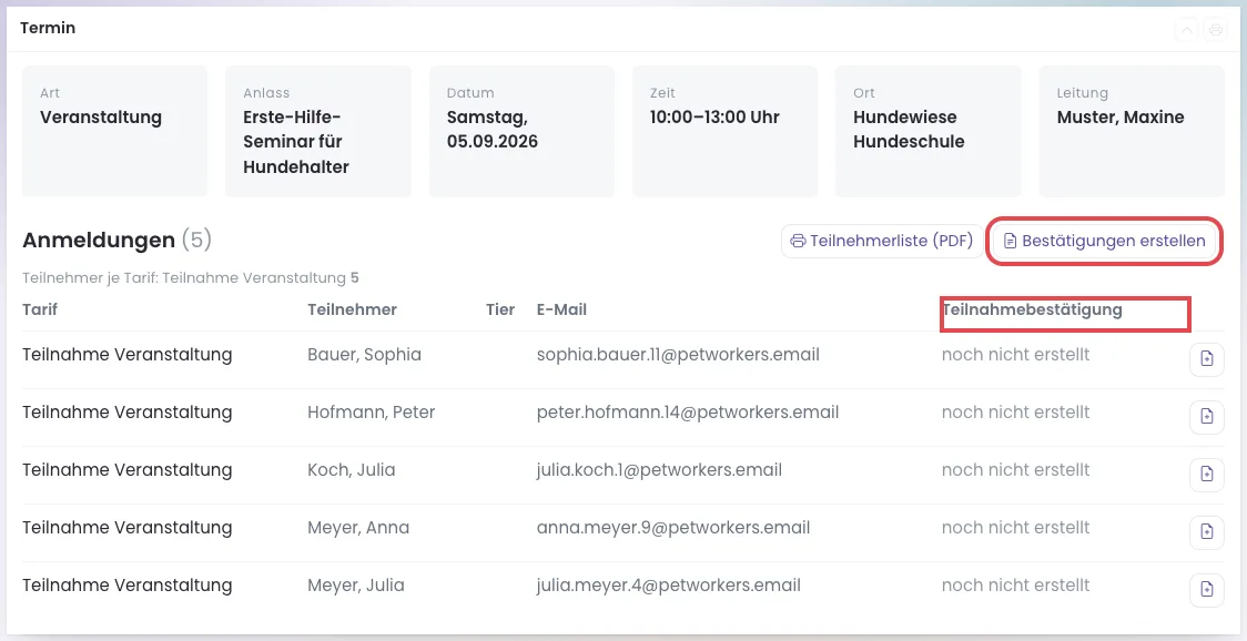 Kartei eines Veranstaltungstermins mit Anmeldungen, Spalte Teilnahmebestätigung und Knopf Bestätigungen erstellen