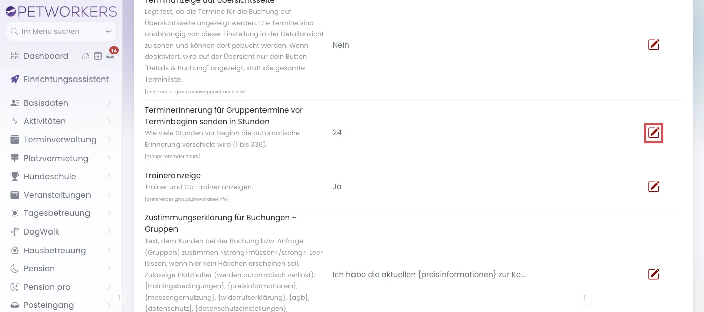 Zeile Terminerinnerung für Gruppentermine vor Terminbeginn senden in Stunden mit markiertem Stift