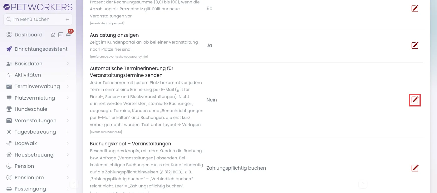 Einstellungen, Bereich Veranstaltungen: Zeile Automatische Terminerinnerung für Veranstaltungstermine senden mit markiertem Stift