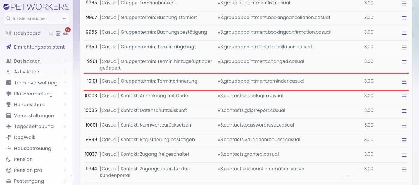 Vorlagenliste mit markierter Zeile Gruppentermin: Terminerinnerung