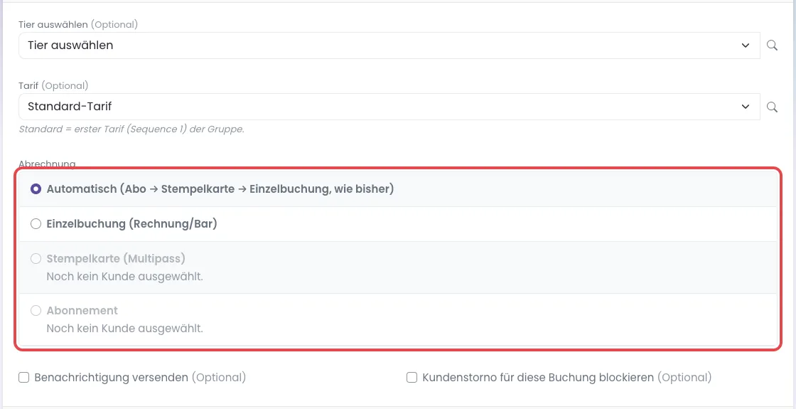 Buchungsformular eines Gruppentermins mit dem Bereich Abrechnung