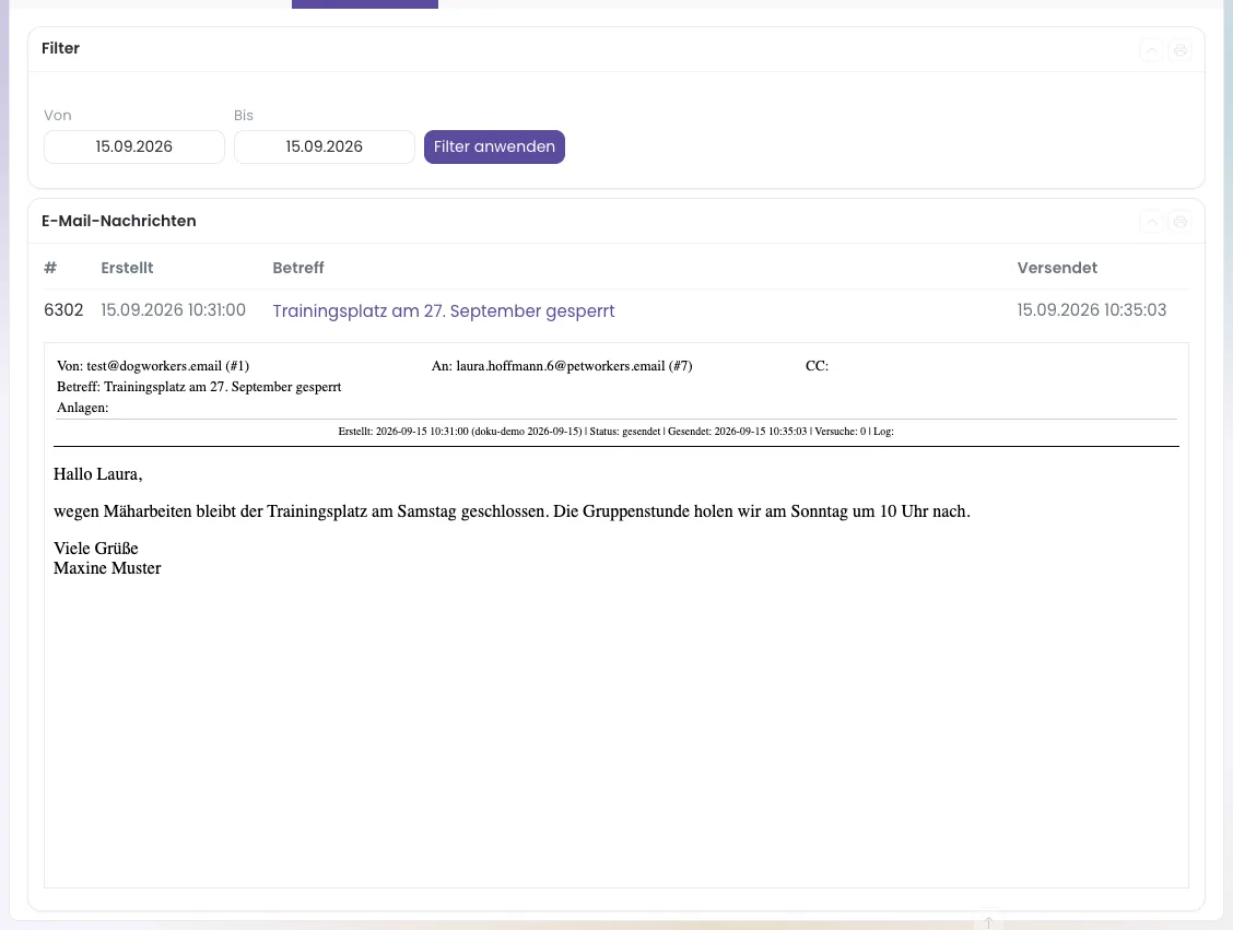 Reiter E-Mail-Archiv eines Kontakts mit Filter und einer geöffneten Nachricht