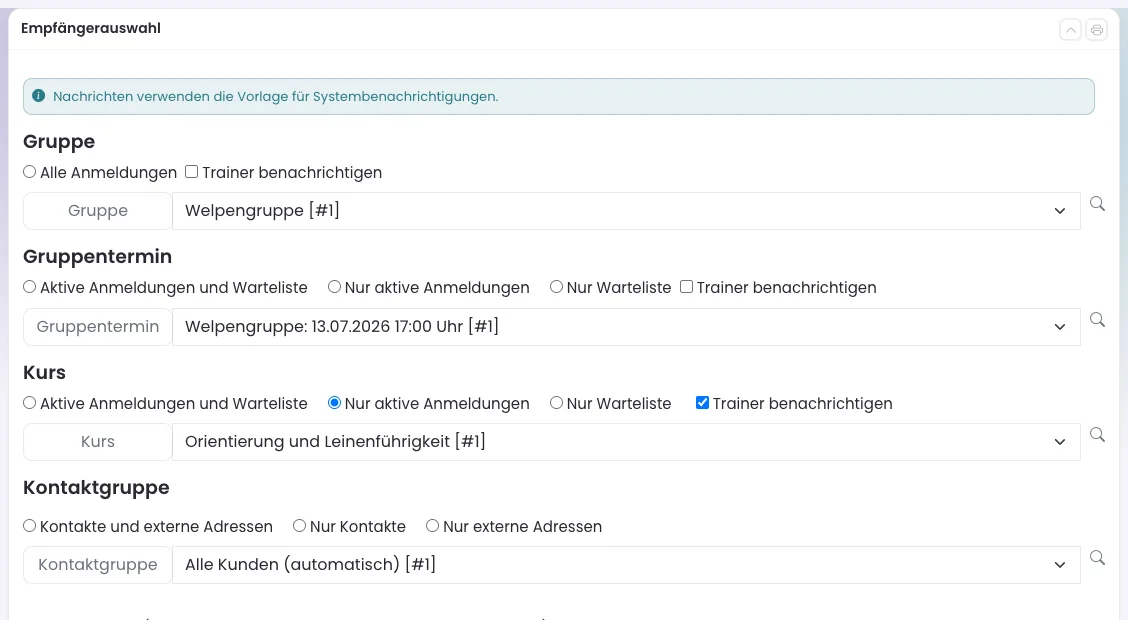 Empfängerauswahl der Mitteilungen mit den Bereichen Gruppe, Gruppentermin, Kurs und Kontaktgruppe