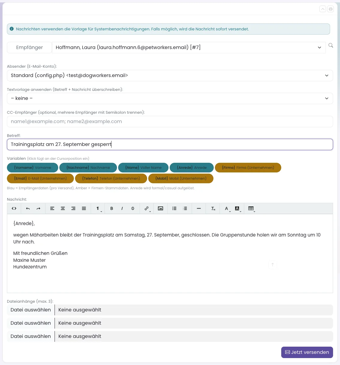 Formular Nachricht mit Empfänger, Absender, Textvorlage, Betreff, Variablen und Nachrichtentext