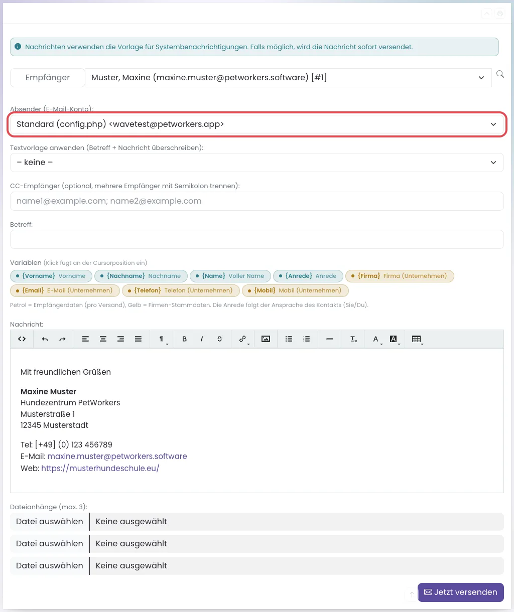 Formular Neue Nachricht mit Empfänger, Absender, Textvorlage, CC, Betreff, Variablen, Nachrichtenfeld und drei Dateianhängen
