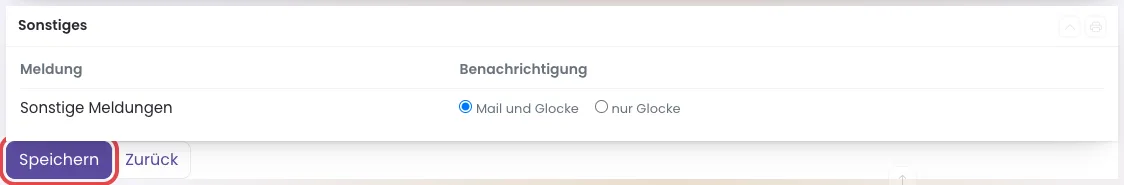 Unteres Ende der Seite Benachrichtigungen mit dem Knopf Speichern