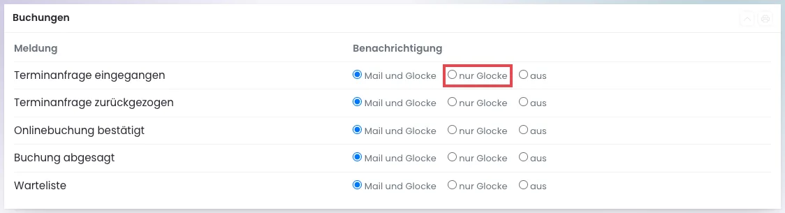 Seite Benachrichtigungen mit den Meldungsarten und den drei Wahlmöglichkeiten je Zeile