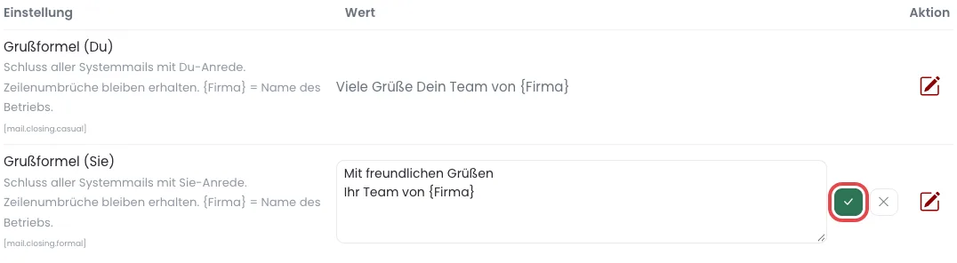 Geöffnetes Eingabefeld der Grußformel mit grünem Haken