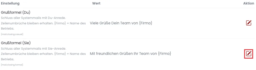 Einstellungen Grußformel Sie und Grußformel Du mit Stift