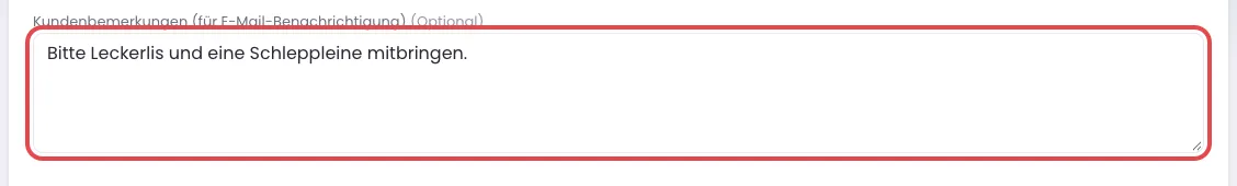 Gruppentermin mit dem Feld Kundenbemerkungen für E-Mail-Benachrichtigung