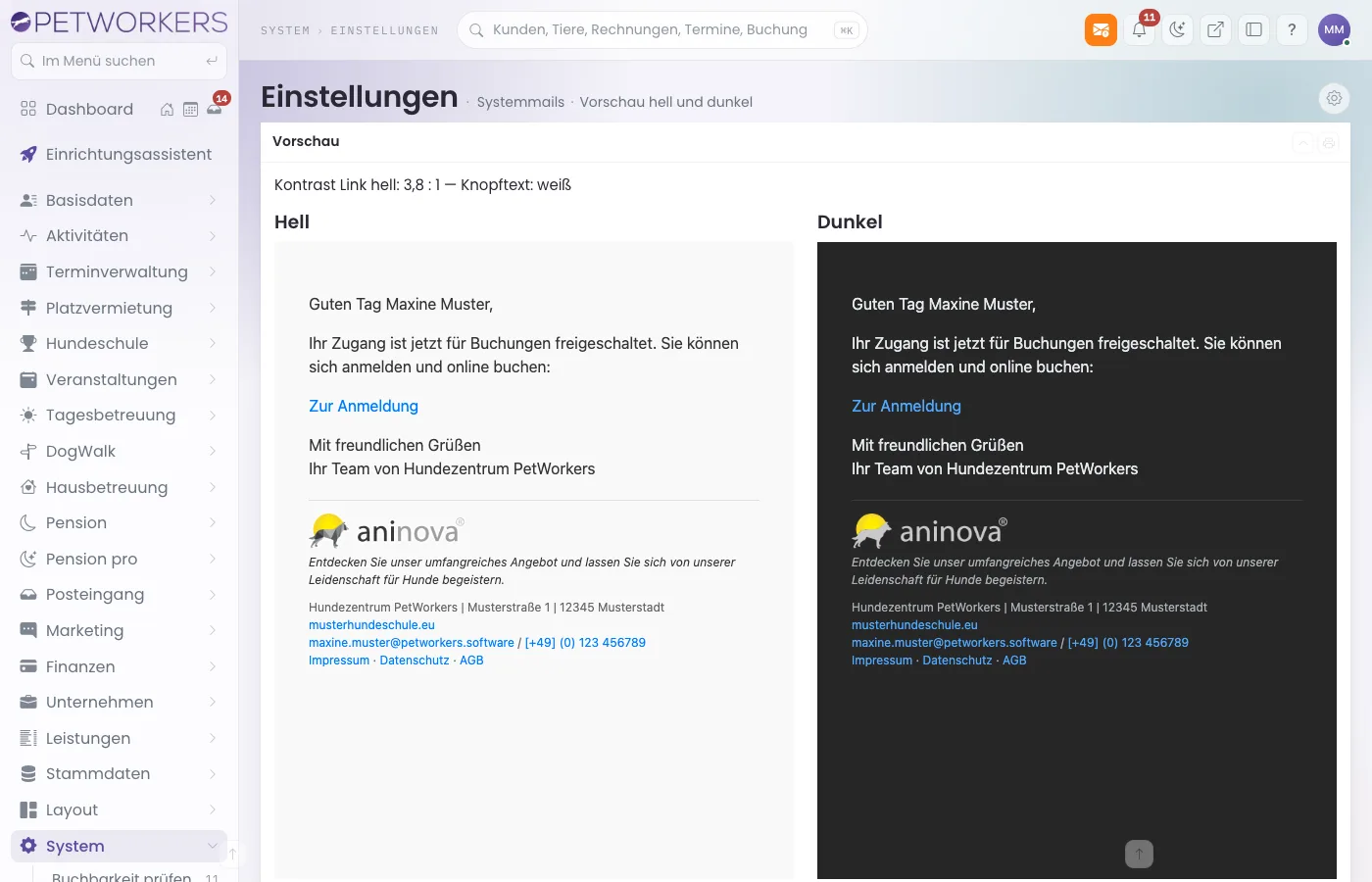 Seite Mailfarben Vorschau mit heller und dunkler Beispiel-E-Mail
