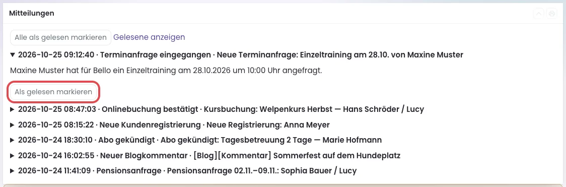 Kasten Mitteilungen mit einer aufgeklappten Meldung und dem Knopf Als gelesen markieren