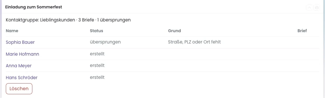 Empfängerliste eines Serienbriefs mit Status und Grund