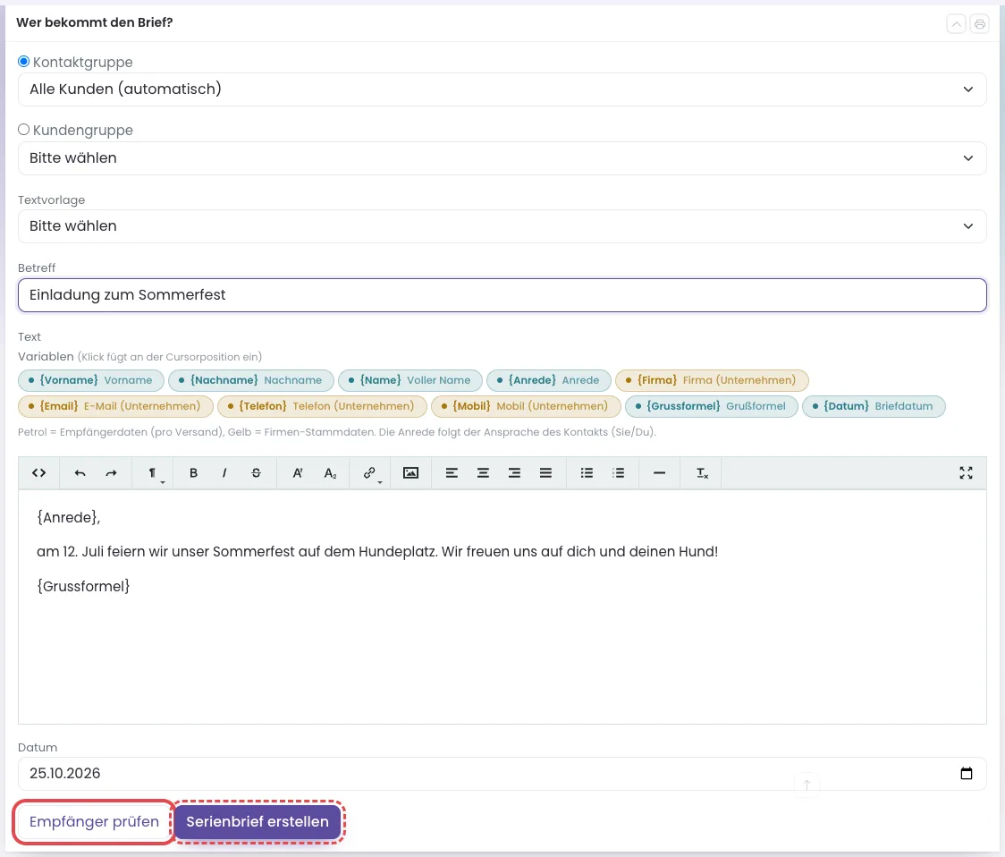 Formular Neuer Serienbrief mit Betreff, Text und den Knöpfen Empfänger prüfen und Serienbrief erstellen