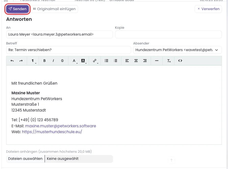 Antwortformular mit An, Kopie, Betreff, Absender, Textfeld mit Signatur und Dateien anhängen