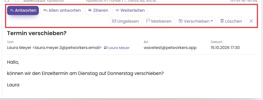 Geöffnete Mail mit den Knöpfen Antworten, Allen antworten, Zitieren, Weiterleiten, Ungelesen, Markieren, Verschieben und Löschen