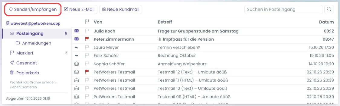 Posteingang mit Werkzeugleiste, Ordnerleiste links und Mailliste rechts