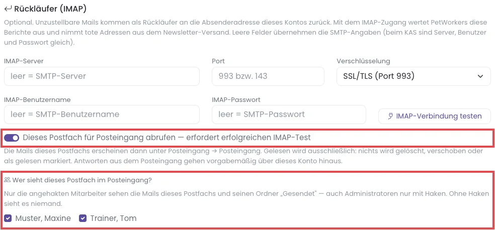 Abschnitt Rückläufer (IMAP) eines Versandkontos mit dem Schalter für den Posteingang und der Liste, wer das Postfach sieht