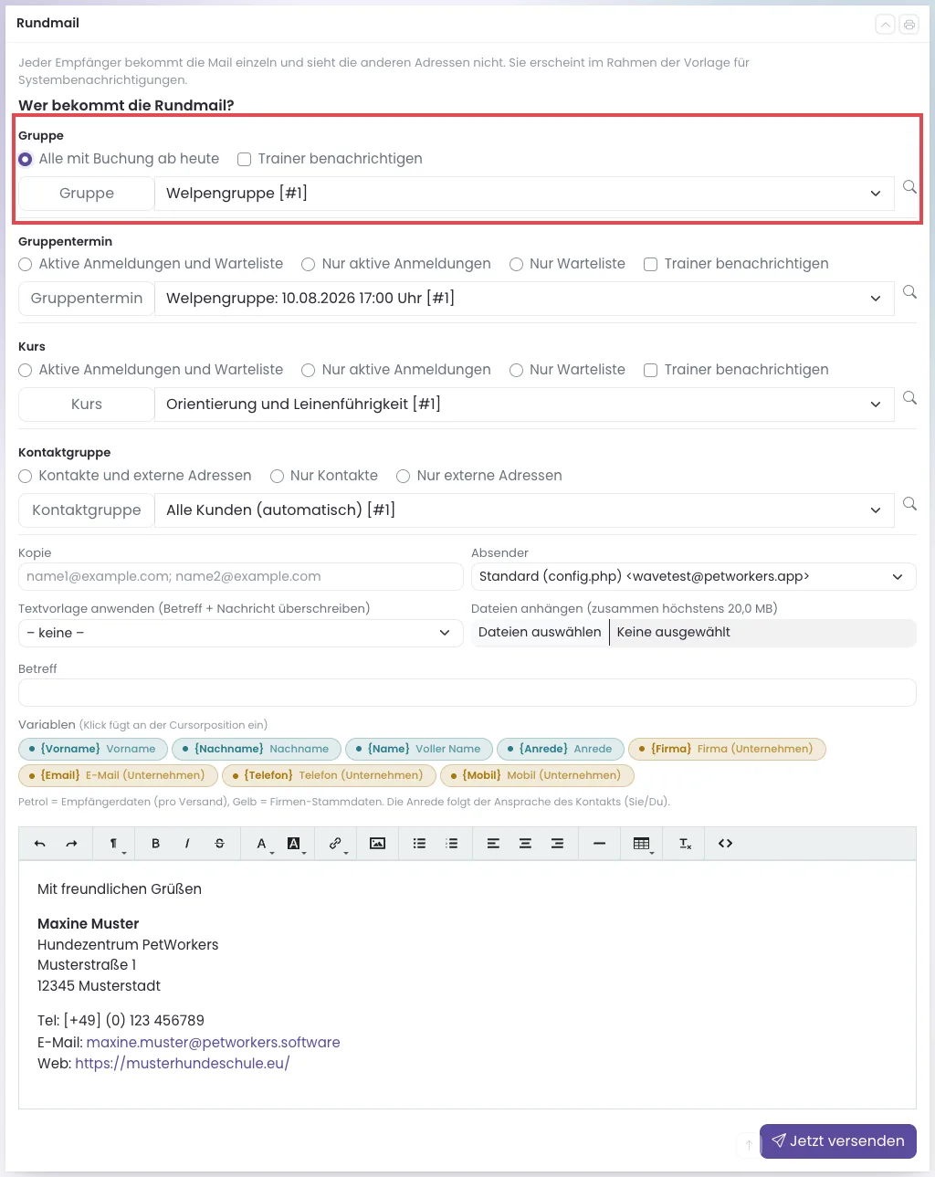 Formular Neue Rundmail mit den Bereichen Gruppe, Gruppentermin, Kurs und Kontaktgruppe, darunter Kopie, Absender, Textvorlage, Dateien, Betreff und Nachricht