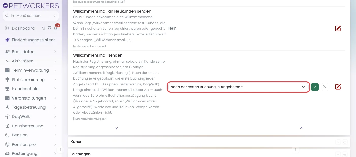 Geöffnete Auswahl Willkommensmail senden mit der Option Nach der ersten Buchung je Angebotsart