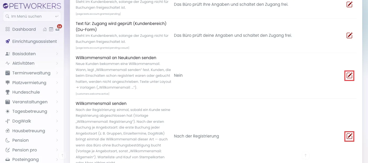 Einstellungen, Bereich Kundenportal: Zeilen Willkommensmail an Neukunden senden und Willkommensmail senden mit markierten Stiften