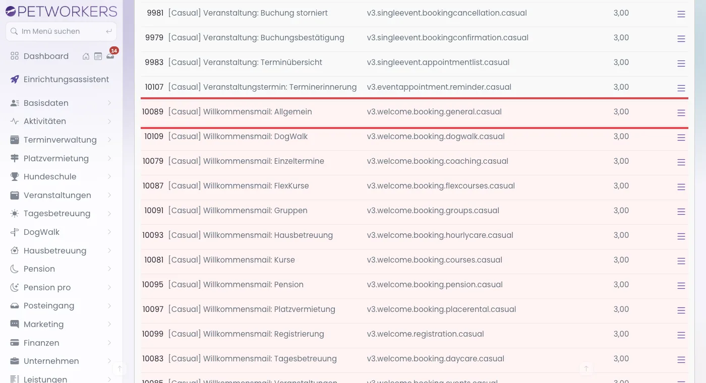 Vorlagenliste mit den Willkommensmail-Vorlagen, eine Zeile rot markiert