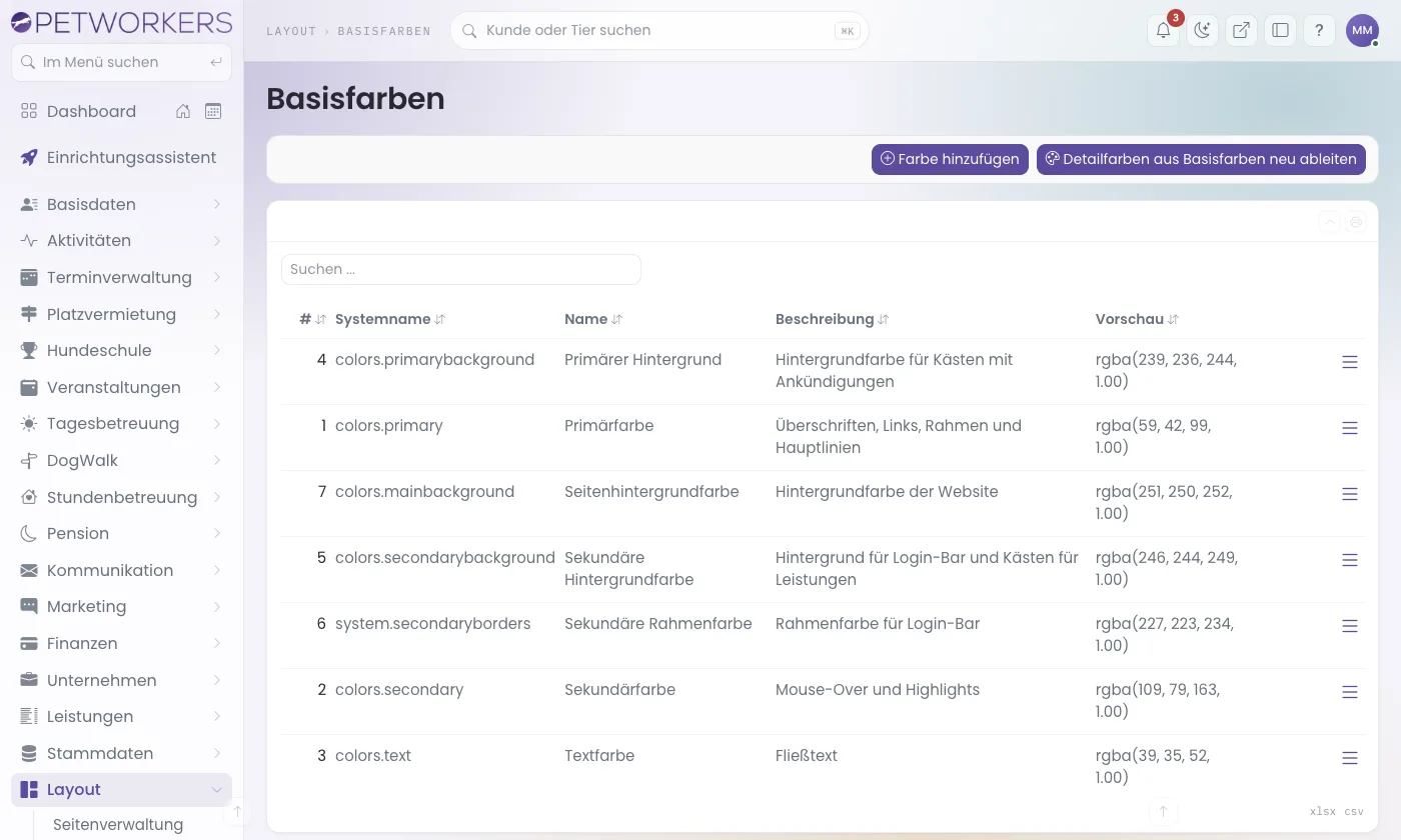 Die Liste der Basisfarben mit Systemname, Name, Beschreibung und Farbwert