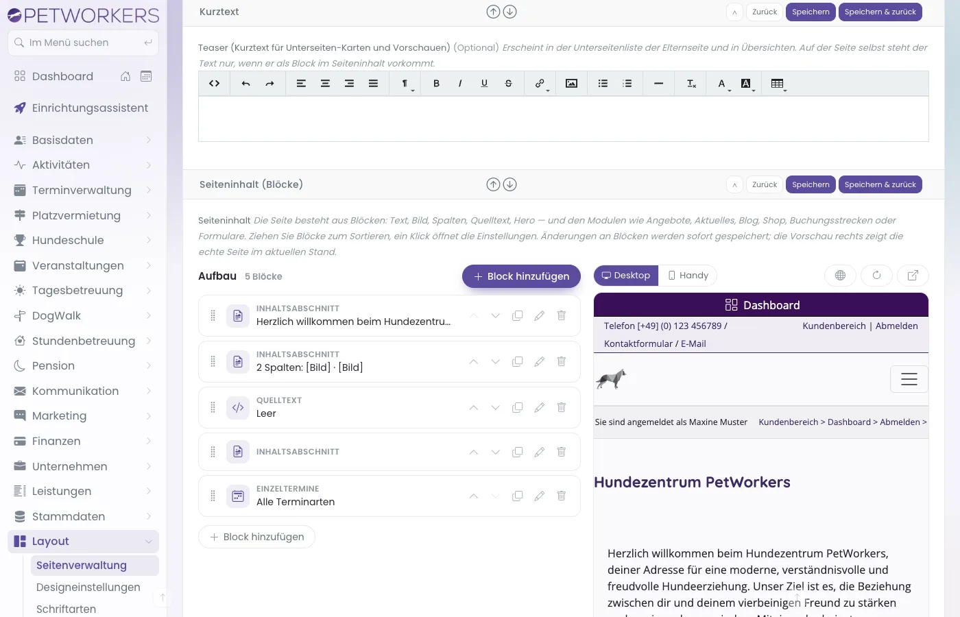 Der Block-Editor mit der Blockliste links und der Vorschau rechts