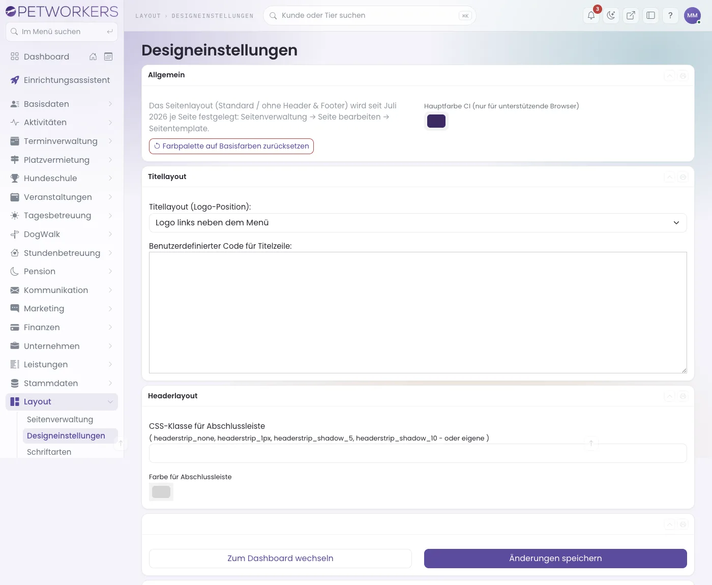 Die Designeinstellungen mit den Kästen Allgemein, Titellayout, Headerlayout und Überschrift 1