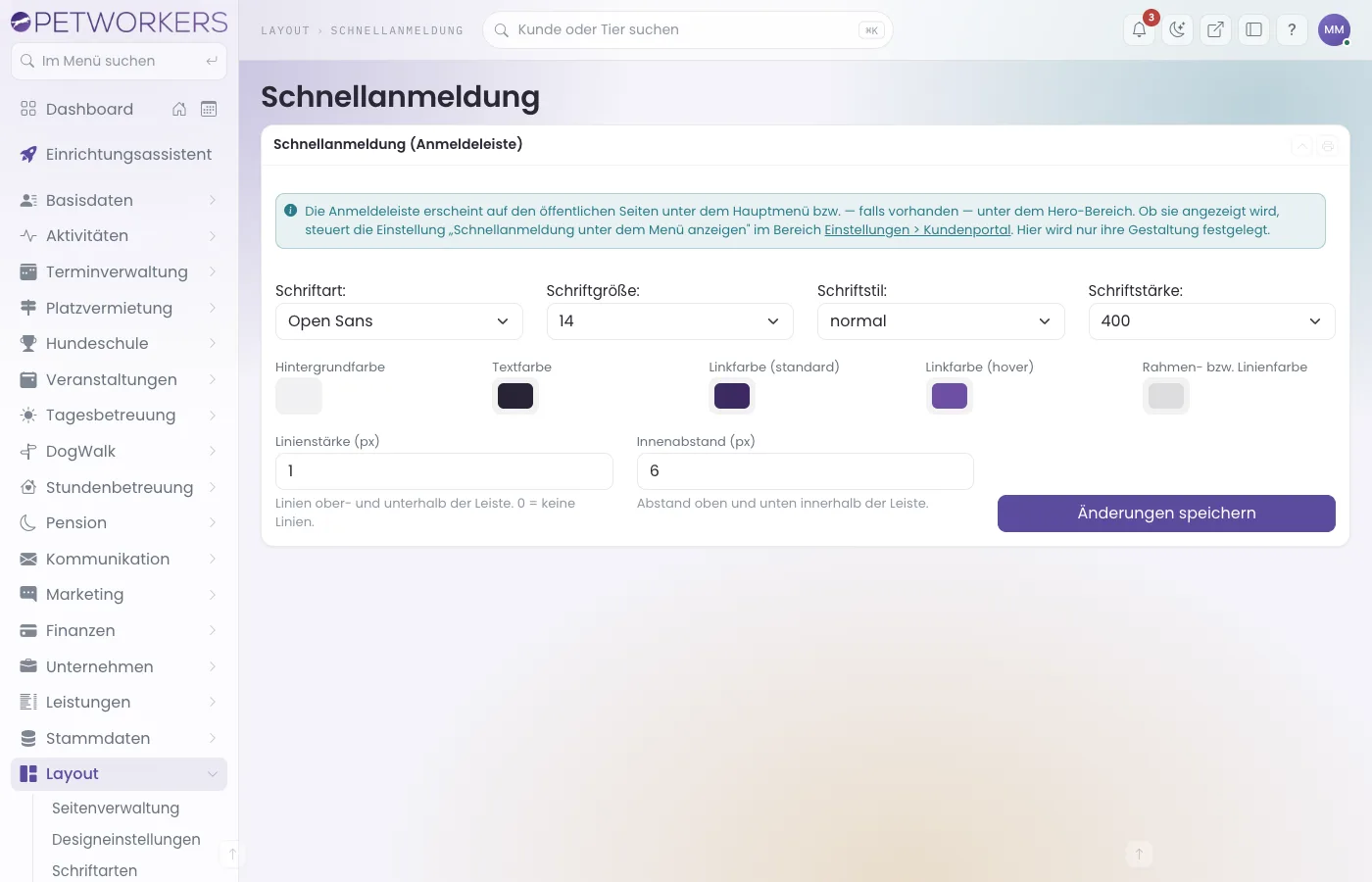 Die Einstellungsseite Schnellanmeldung mit Schrift, Farben, Linienstärke und Innenabstand