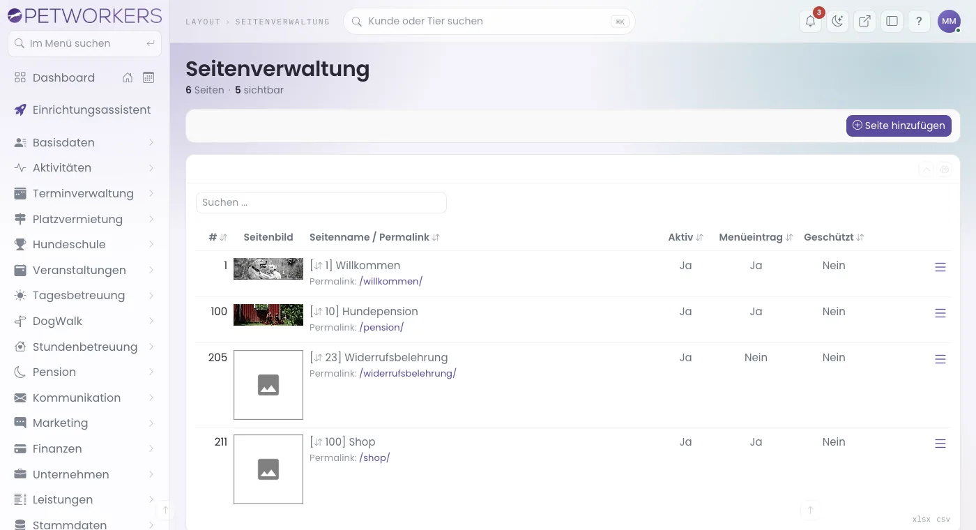 Die Seitenverwaltung mit vier Seiten