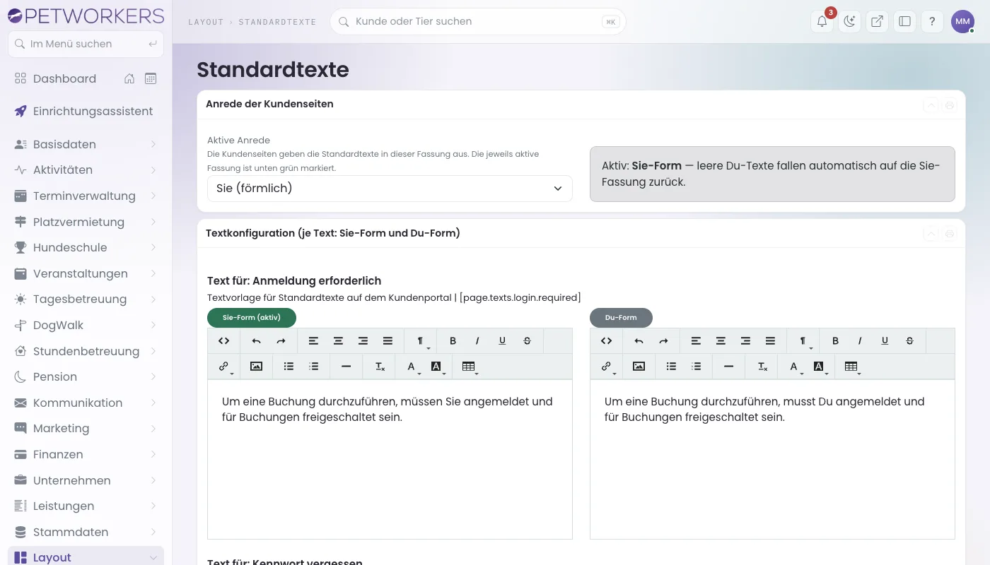 Die Seite Standardtexte mit der Auswahl Aktive Anrede und zwei Texten in Sie- und Du-Form