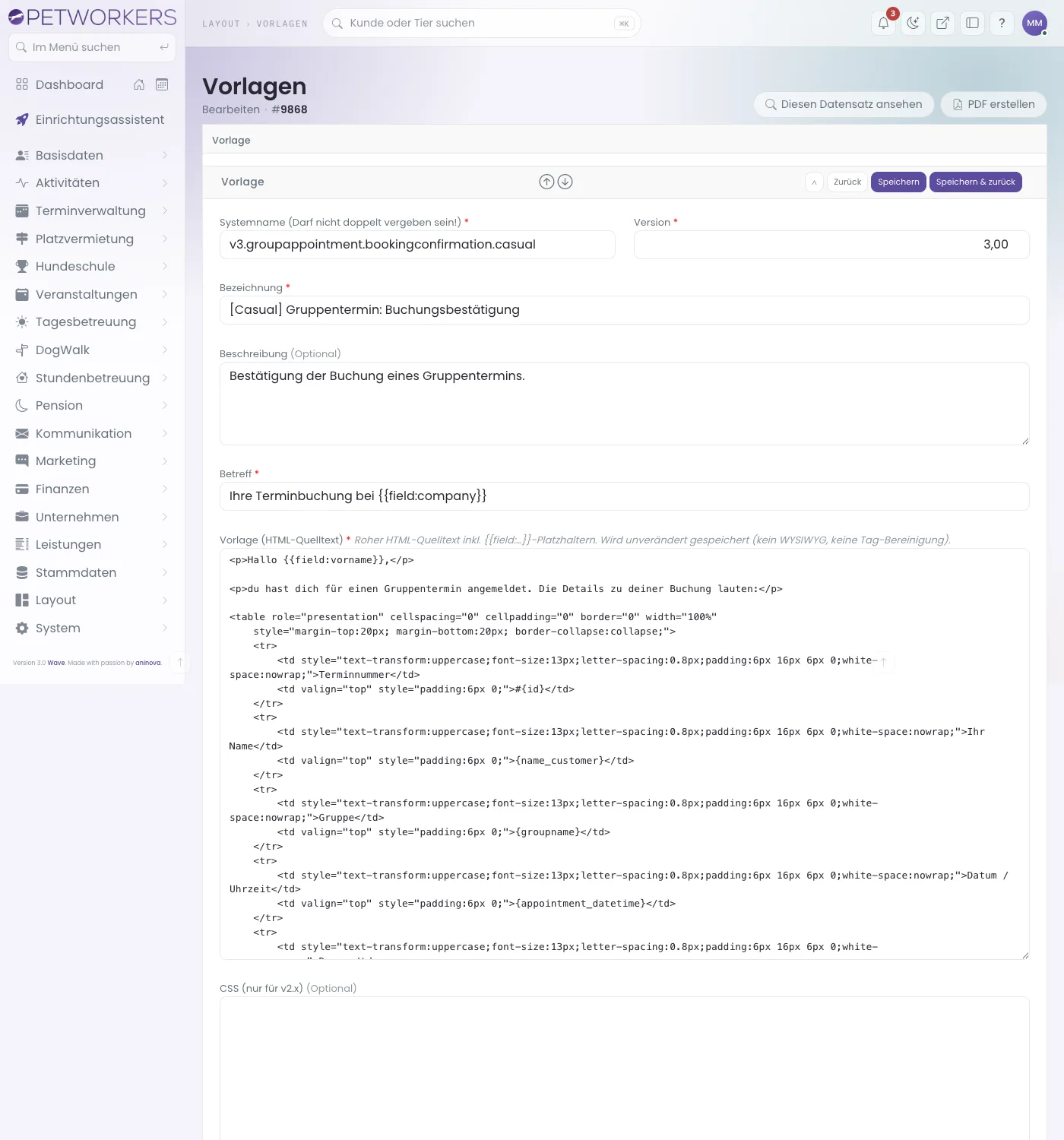 Das Formular einer Vorlage mit Systemname, Bezeichnung, Betreff und HTML-Quelltext