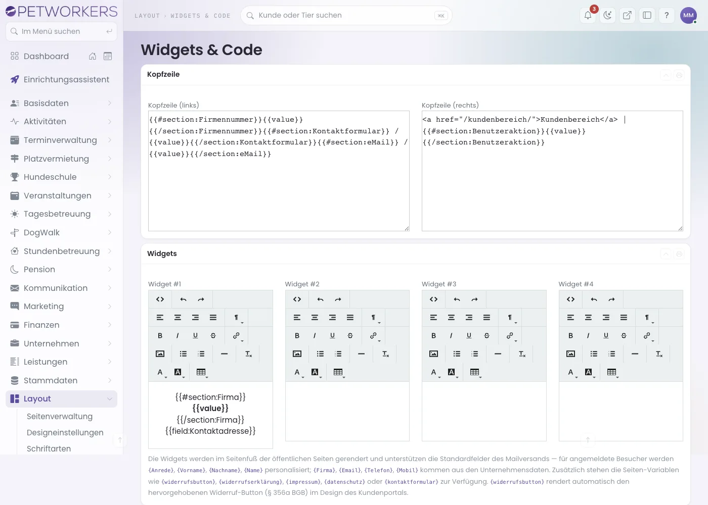 Die Seite Widgets und Code mit Kopfzeile, vier Widgets und Seitensockel