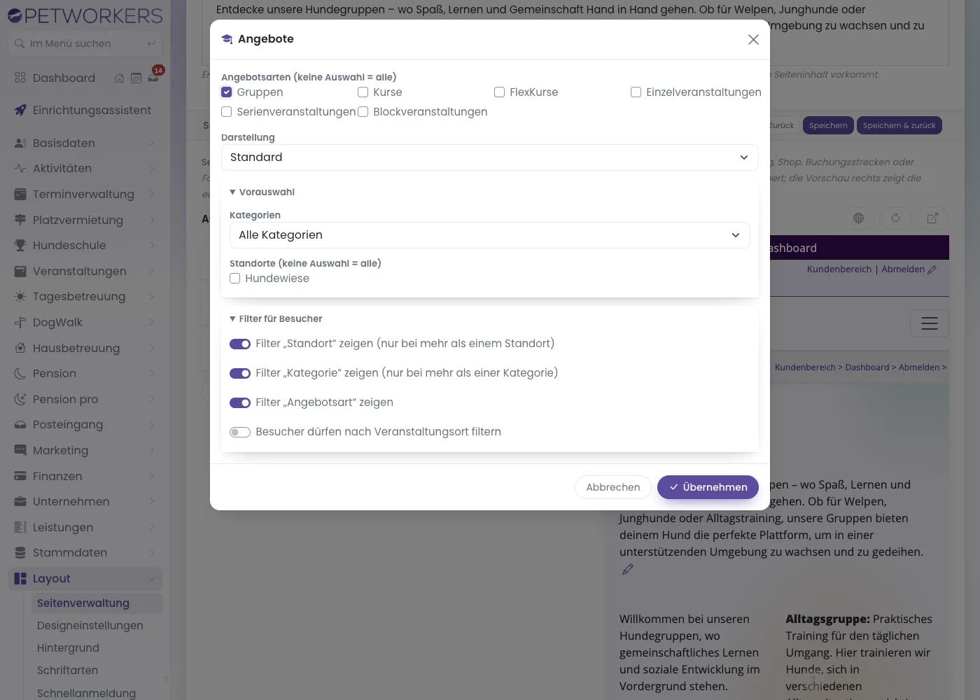 Einstellungen des Blocks Angebote
