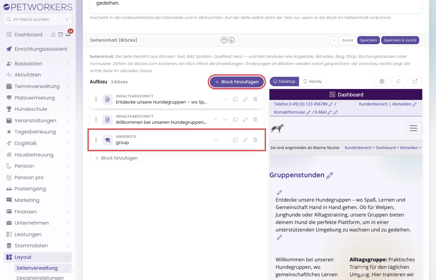 Block-Editor mit dem Block Angebote in der Liste